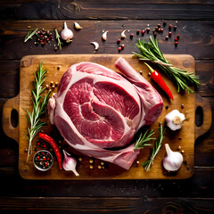 Fresh raw lamb leg prepared for roasting on wooden board. Garlic cloves peppercorns sprigs rosemary ingredients 