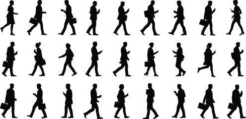 Silhouettes of walking business people with briefcases, office employees commuting, professional characters on the move, corporate vector illustration