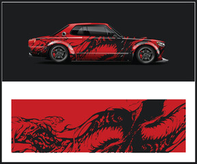 Red and Black Abstract Car Wrap Design for Sports Coupe