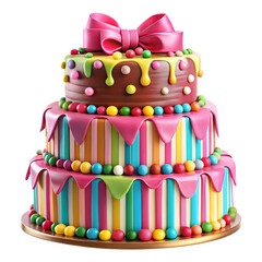 Three Tier Colorful Birthday Cake With Pink Ribbons