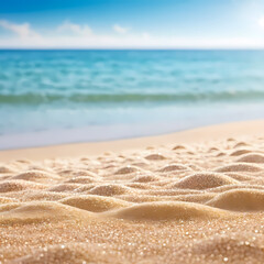Seascape abstract beach background. blur bokeh light of calm sea and sky. Focus on sand foreground.  