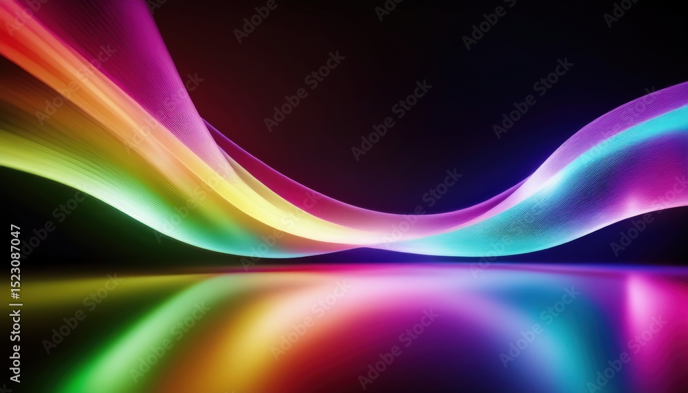 Aufkleber  vibrant multicolor neon lightwave curve on black background with glossy reflection for modern web design, tech branding, abstract print, or futuristic digital interface concept