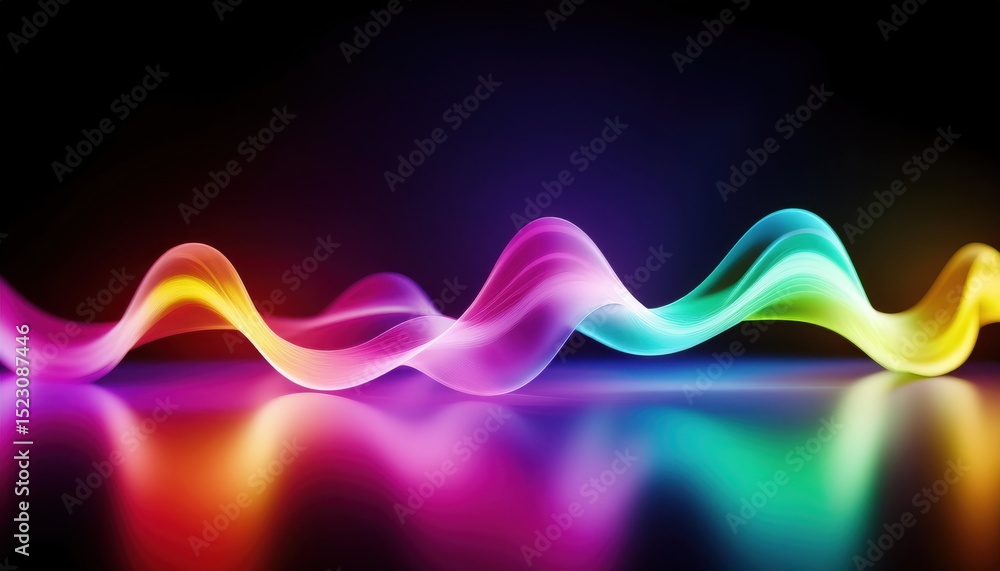 Leinwandbilder  vibrant multicolor neon lightwave curve on black background with glossy reflection for modern web design, tech branding, abstract print, or futuristic digital interface concept