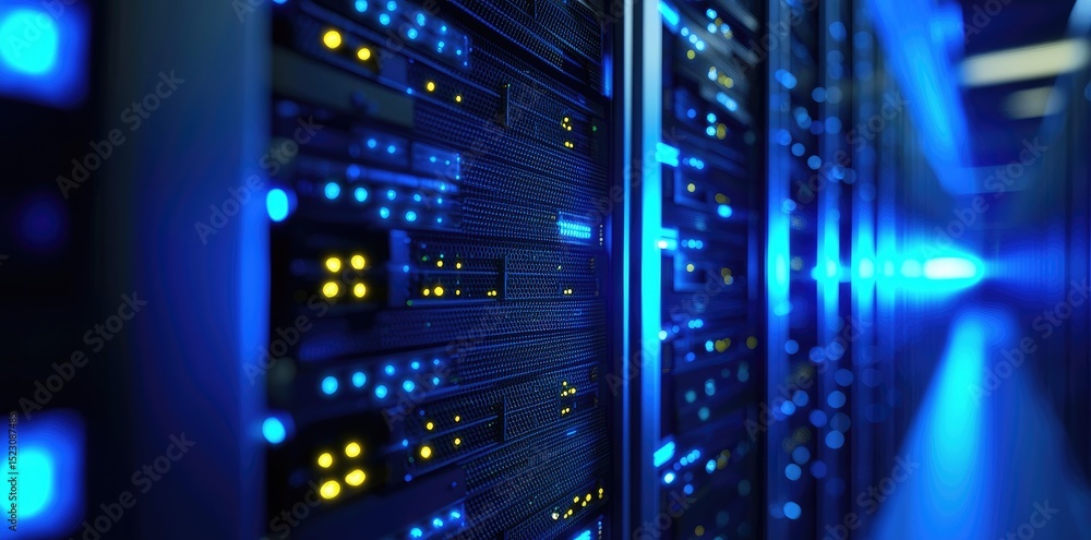 Leinwandbilder close-up view of glowing blue and yellow lights on modern data server racks in a high-tech server ro
