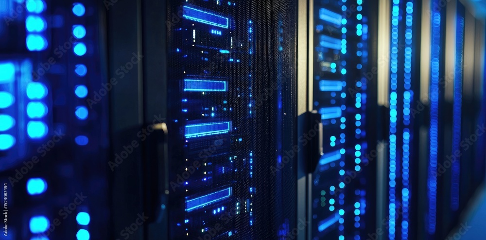 Aufkleber Close-up of blue illuminated server racks inside a secure modern data center corridor with glowing indicators and advanced network hardware