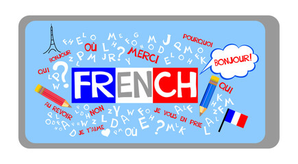 Learning French Online education concept. French language.  Dictionnaire. Dictionary. French school.Language education Vector illustration for education, foreign language study