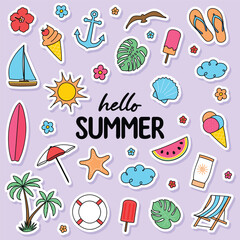 Hand drawn summer stickers. Icon set. Vector illustration