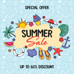 Summer Sale background. Promotion poster with colourful hand drawn holiday symbols. Vector illustration