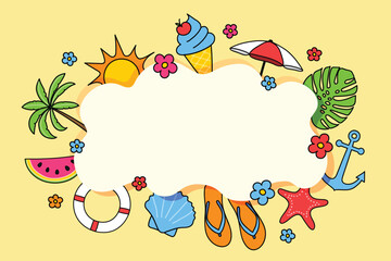 Summer background. Poster with colourful hand drawn holiday symbols. Vector illustration