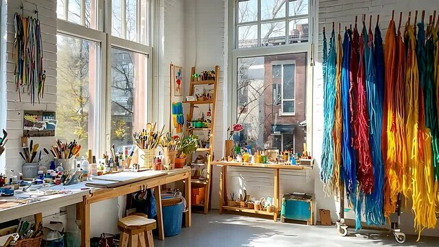 Bright and Colorful Art Studio with Tools, Paints, and Yarn in Natural Light for Creative Inspiration