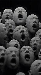 Obraz premium Many faces, mouths agape, in monochrome.