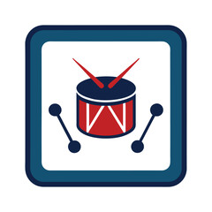 Cartoon drum kit inside a square frame with drumsticks and a music concept