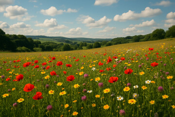 field of poppies and blue sky