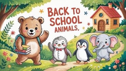 Fototapeta premium Cute animals going back to school illustration