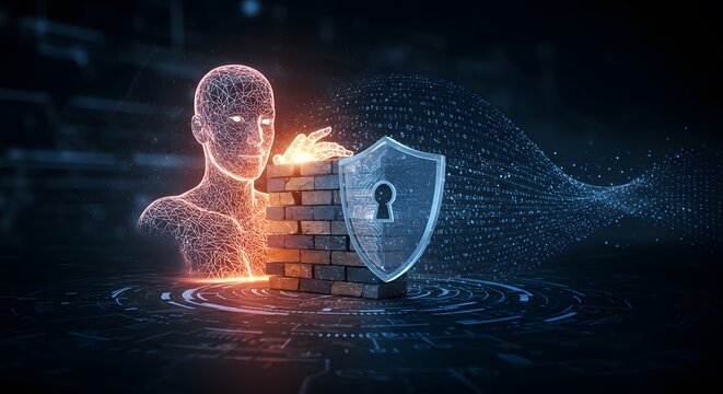 Cybersecurity Protection: A futuristic, digitally rendered representation of a humanoid figure safeguards a shield emblem and a virtual brick wall, conveying the essence of robust cyber defense. 