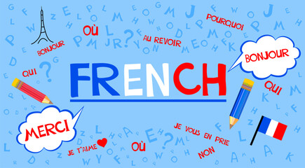 Learning French Online education concept. French language.  Dictionnaire. Dictionary. French school.Language education Vector illustration for education, foreign language study
