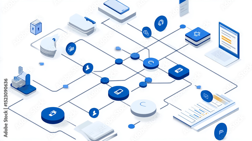 Poster visualizing data flow diagram network connection for business process automation and system integrat