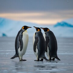 Fototapeta premium Three king penguins on antarctic ice at sunset