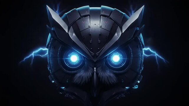 Mechanical owl head with glowing blue eyes and electric power
