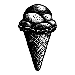 Ice Cream Cone Multiple Scoops Dessert Sweet Food Vintage Black and White Outline Line Art Drawing