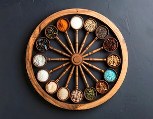 Spices arranged in a wooden wheel