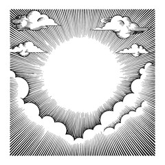 Sun Shining Through Clouds with Rays Black and White Outline Line Art Drawing Bright Sky Scene