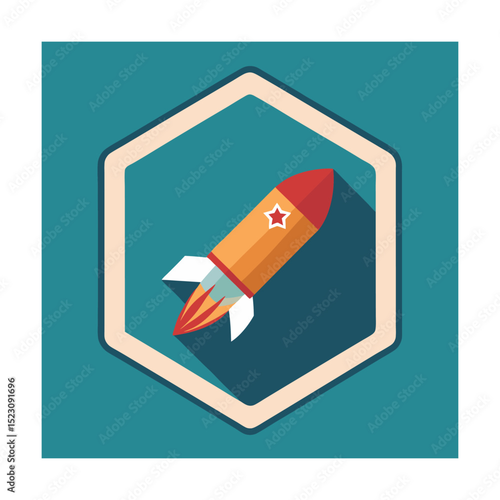 Poster colorful rocket icon inside a hexagon shape represents startup and innovation concepts