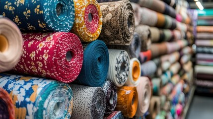 Rolls of various fabrics in fabric store