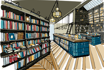 Hand-Drawn Sketch of a Bookstore. Reading Hobby and Business Concept. Handmade Vector Illustration, Not AI
