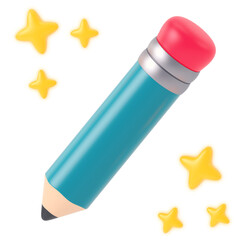 pencil and eraser 3d icon in cartoon plastic style minimal isolated on transparent white background, clipping path
