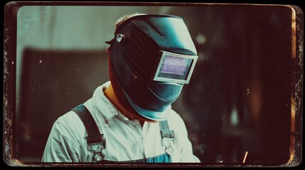 Welder in a protective mask surrounded by sparks, highlighting industrial safety, metalwork process, and skilled manual labor.