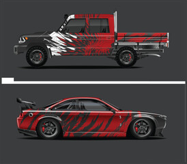 Red and Black Abstract Design on Pickup Truck and Sports Car