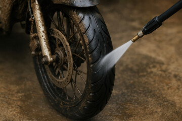 A close-up of a motorcycle tire being cleaned with a pressure washer.