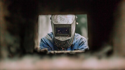 Welder in a protective mask surrounded by sparks, highlighting industrial safety, metalwork process, and skilled manual labor.
