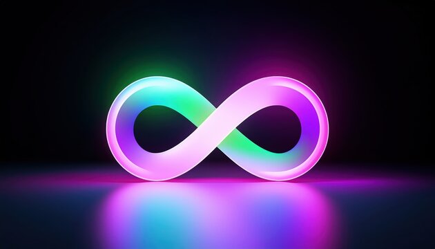 3d glowing infinity symbol with vibrant neon gradient on dark background for web design, branding, digital art, tech visual, or futuristic concept illustration