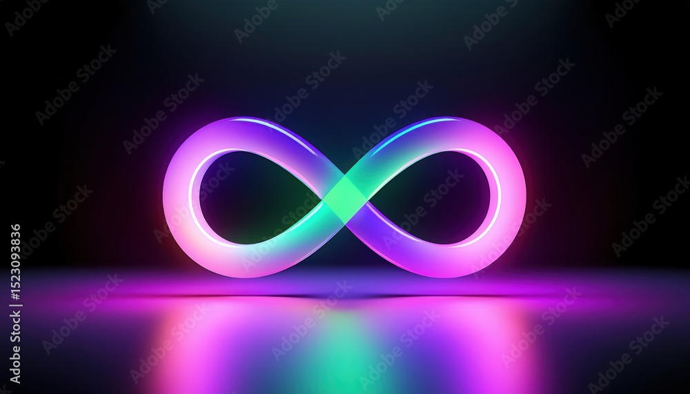 Poster 3d glowing infinity symbol with vibrant neon gradient on dark background for web design, branding, d