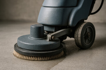 Obraz premium Close-up of a blue floor cleaning machine on a concrete surface.