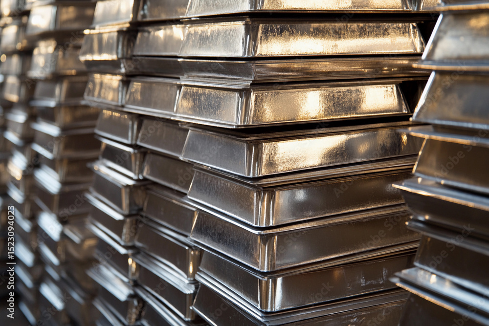 Poster stacks of shiny metal reflecting light in a storage area generative ai