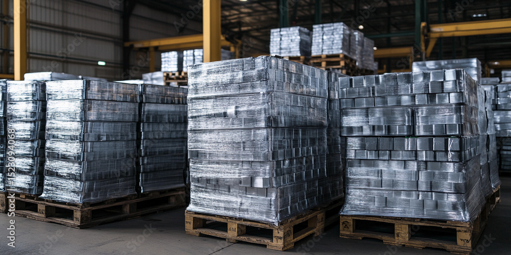 Aufkleber high quality stacks of wrapped products in a warehouse generative ai