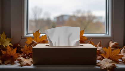 Tissue box with white tissues on windowsill surrounded by autumn leaves  