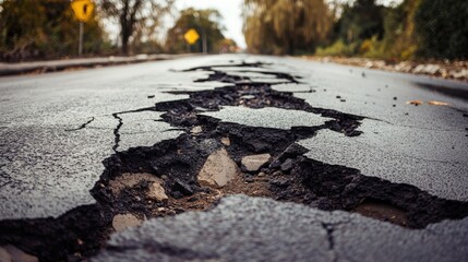 Severely cracked road after earthquake - natural destruction