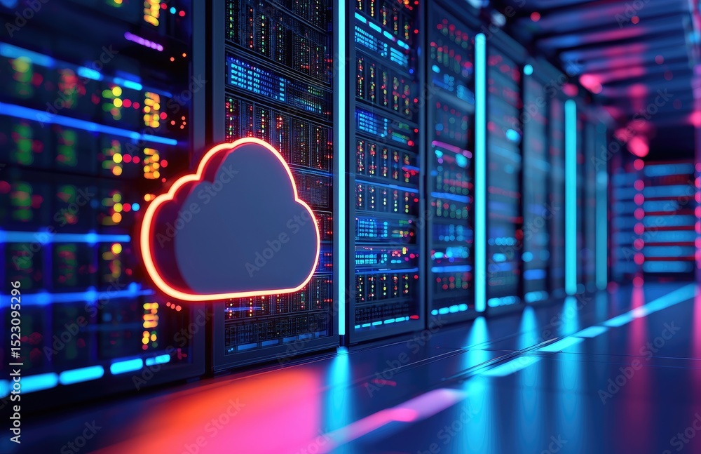 Poster modern 3d illustration of cloud computing infrastructure with red neon cloud icon in a vibrant serve