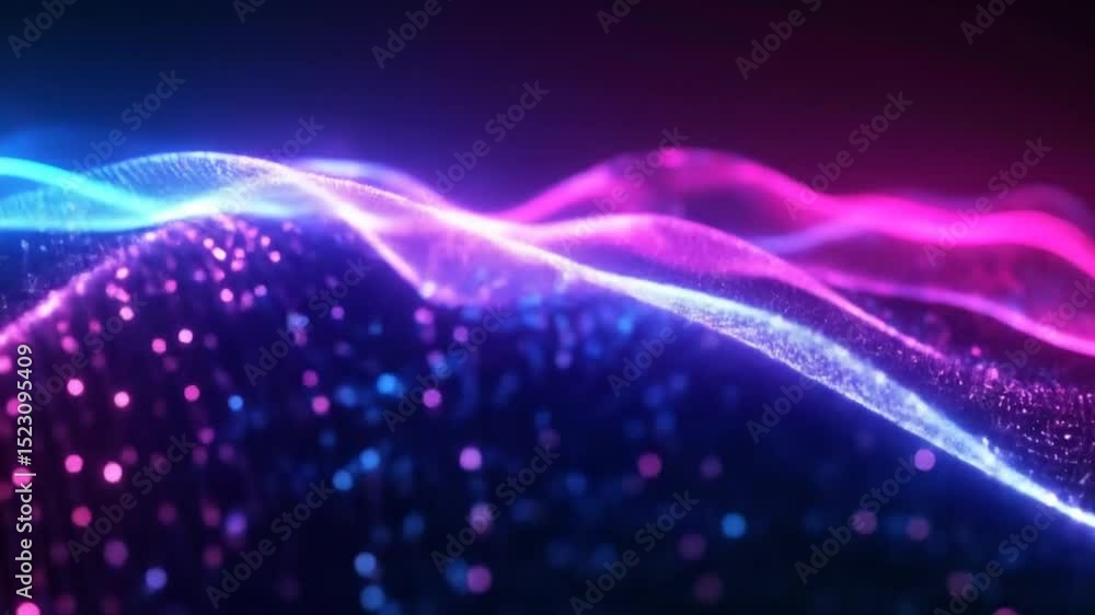 Poster abstract technology background with dynamic pink and blue waves and particles