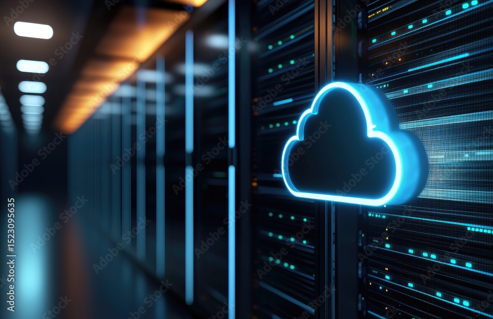 Poster 3d illustration of cloud computing infrastructure with glowing neon cloud icon on server racks, repr