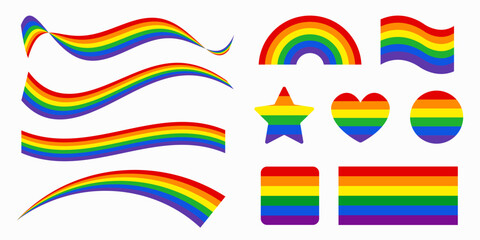 LGBT rainbow flag set. Gay pride month symbols set. Heart, rainbow, star etc. Stickers for pride month celebration. Vector illustration	