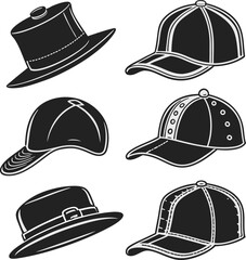 This image displays a collection of black and white outline illustrations of various styles of hats and caps.