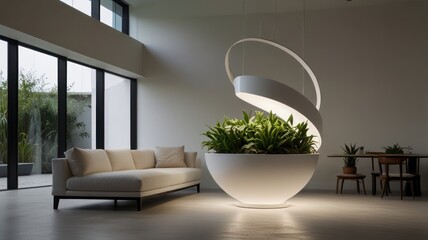 Modern living room with a unique, white, illuminated planter. 