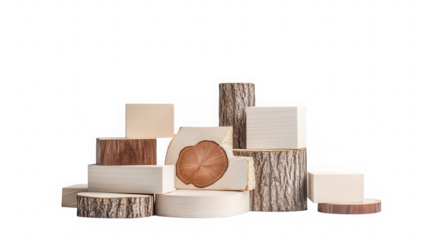 Assorted wood blocks and log slices arranged on a black studio background on transparent background