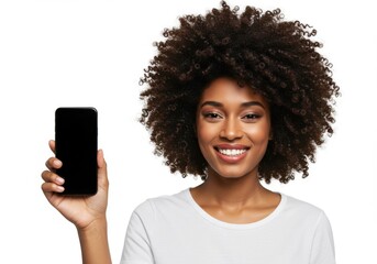 Smiling young African American woman holding smartphone with blank screen