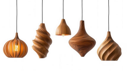 Display of five unique wooden pendant lights hanging against black backdrop on transparent background